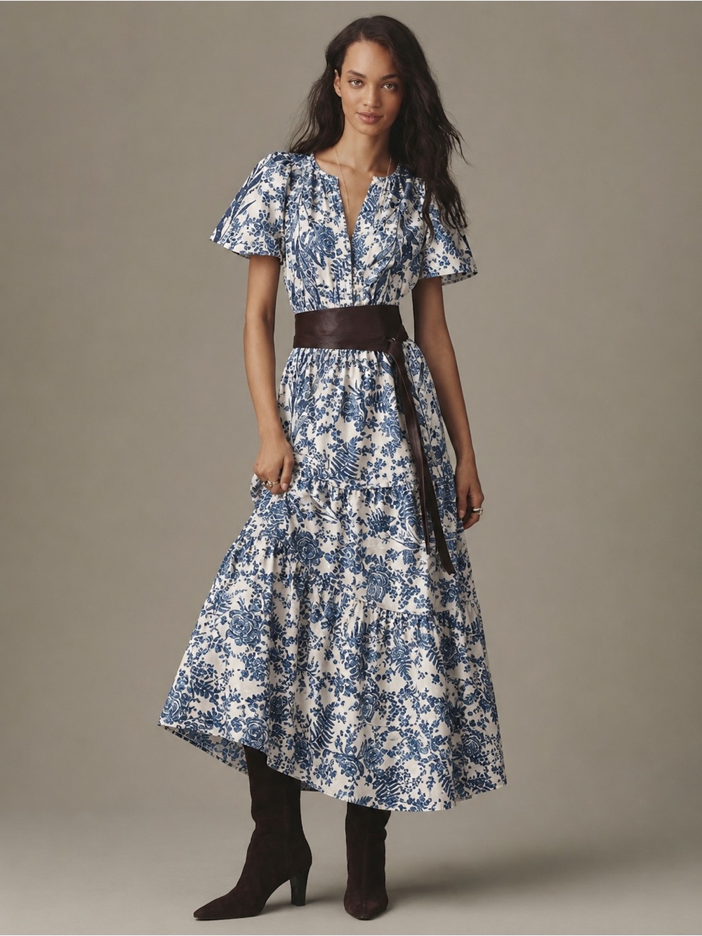 Anthropologie Maeve | Somerset Tiered Maxi Dress Floral Blue Chinoiserie Vine 3X